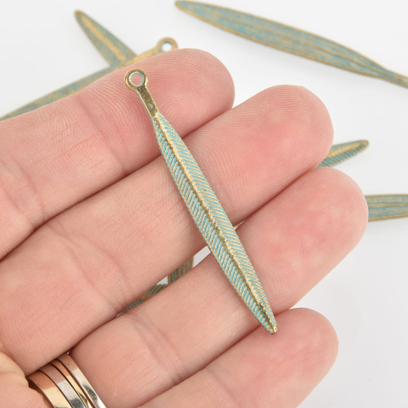 5 Gold Patina Feather Stick Charms, Leaf Charms, 2" long, chs6266