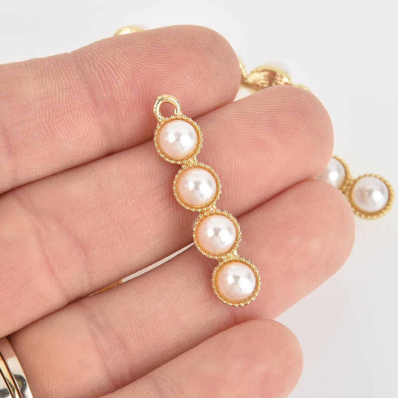 5 Gold Faux Pearl Charms, 1-3/8" long, chs6279