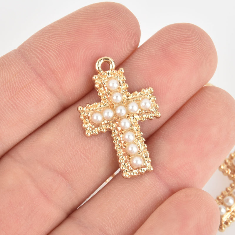 5 Gold Cross Charms, Faux Pearls, 1-1/4" long, chs6294