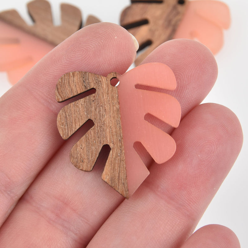 1 Monstera Leaf Charm, Coral Pink Resin and Real Wood, 1-1/8" long, chs6306