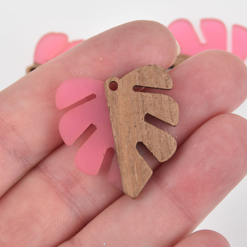 1 Monstera Leaf Charm, Bright Pink Resin and Real Wood, 1-1/8" long, chs6307