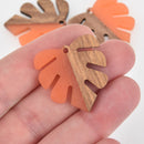 1 Monstera Leaf Charm, Orange Resin and Real Wood, 1-1/8" long, chs6308