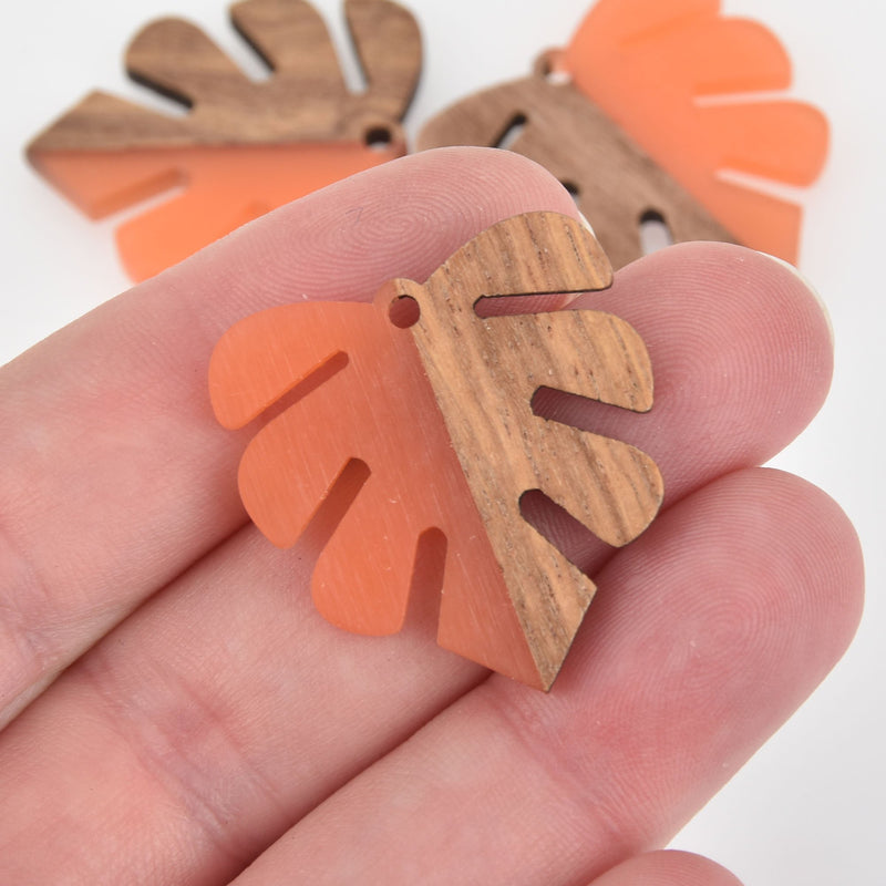 1 Monstera Leaf Charm, Orange Resin and Real Wood, 1-1/8" long, chs6308