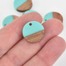 2 Round Charms, Turquoise Blue Resin and Real Wood, 18mm, chs6313