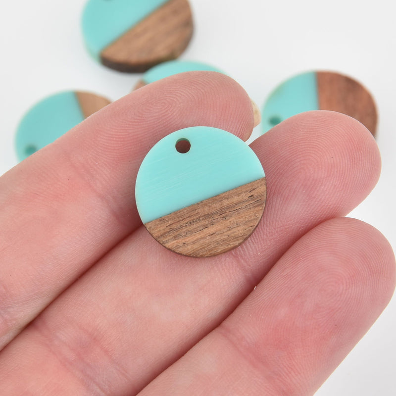 2 Round Charms, Turquoise Blue Resin and Real Wood, 18mm, chs6313