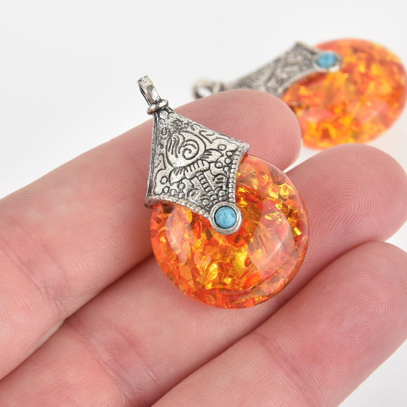 1 Orange Teardrop Charm, Faux Amber, Silver Bali Style, 1.5" long, chs6315