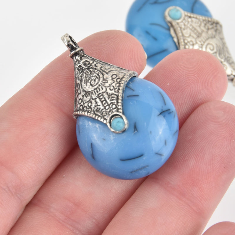 1 Blue Teardrop Charm, Silver Bali Style, 1.5" long, chs6317