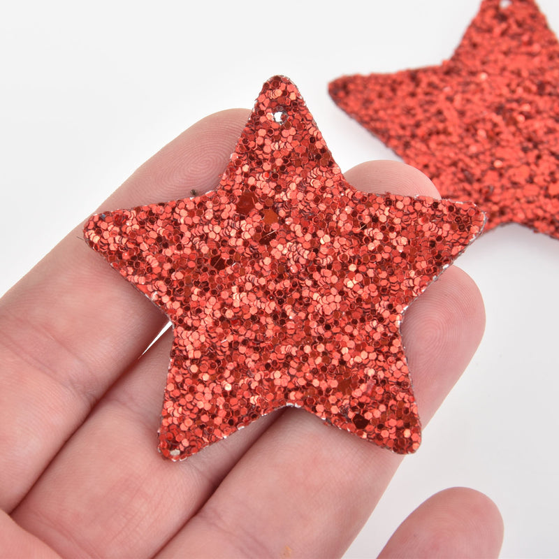 2 Red Faux Leather STAR Glitter Charms Vegan Leather, 2" long chs6326