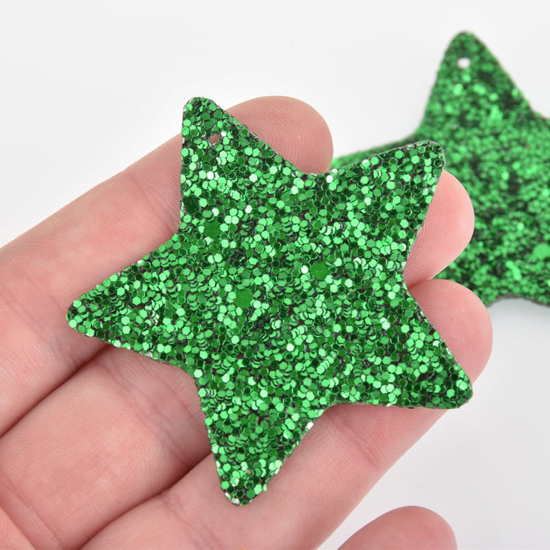 2 Green Faux Leather STAR Glitter Charms Vegan Leather, 2" long chs6327