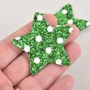 2 Green Faux Leather STAR Glitter Charms, Polka Dot Vegan Leather, 2" long chs6335