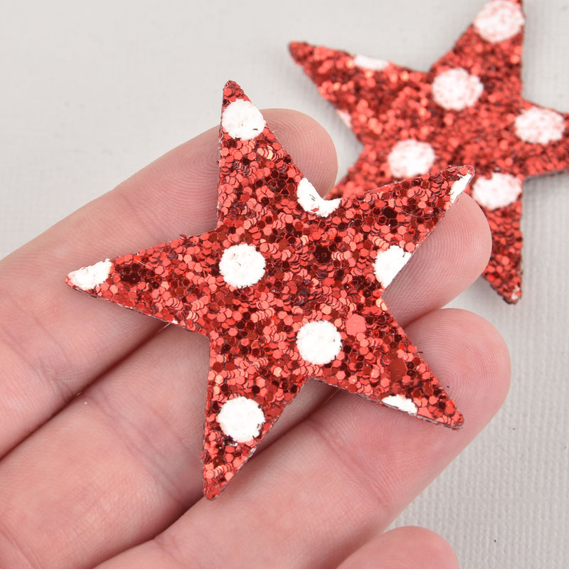 2 Red Faux Leather STAR Glitter Charms, Polka Dot Vegan Leather, 2" long chs6337