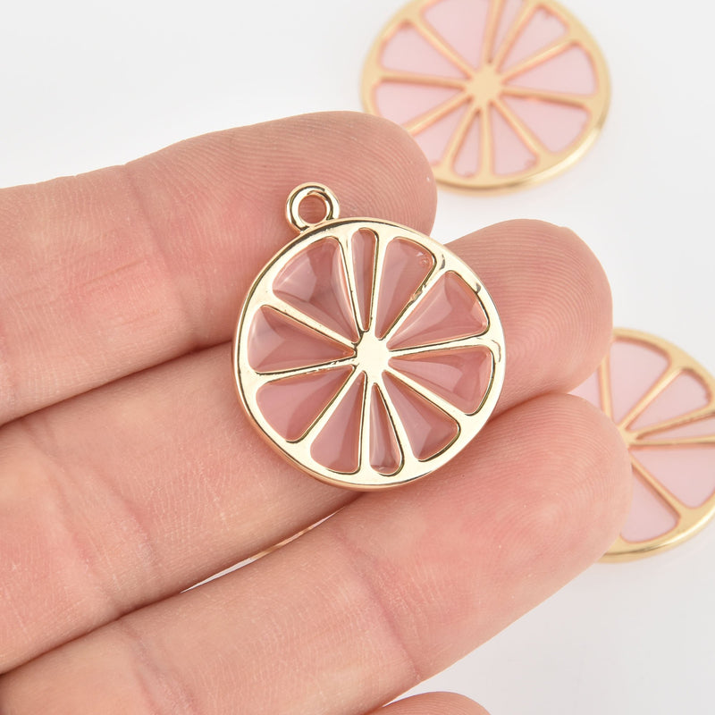 2 Pink Grapefruit Charms Gold Plated Metal 7/8" diameter chs6348