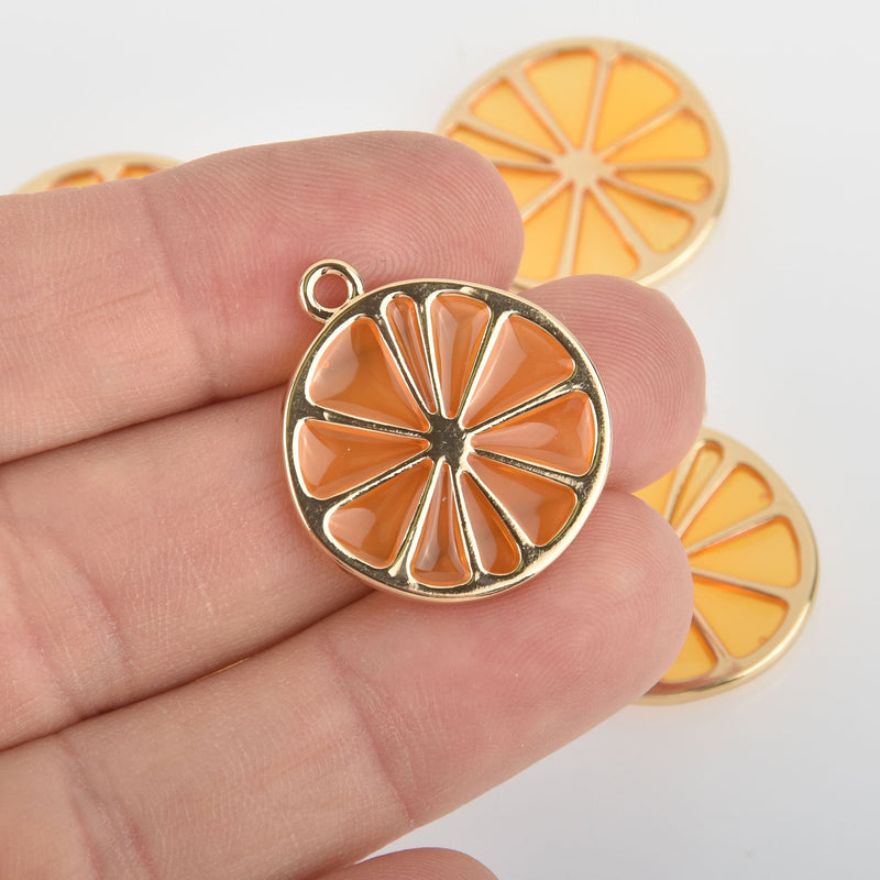 2 Orange Fruit Charms Gold Plated Metal 28mm chs6350