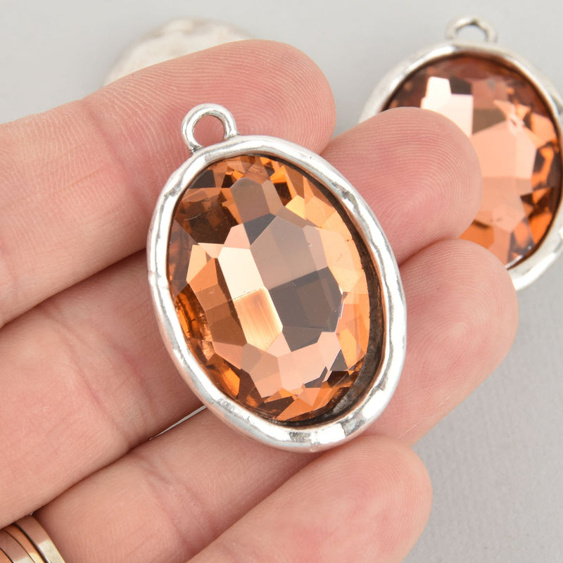 Pink Rhinestone Drop Charm, Oval Crystal Glass in Silver Tone Bezel, 39x26mm, chs6254
