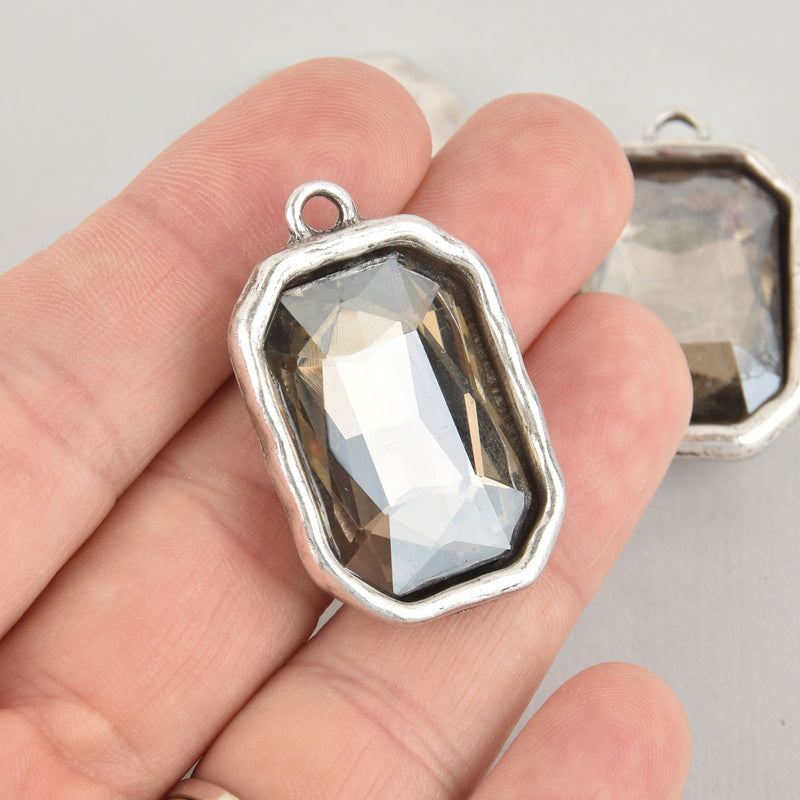 Smoke Rhinestone Drop Charm, Rectangle Octagon Crystal Glass in Silver Tone Bezel, 37x23mm, chs6255