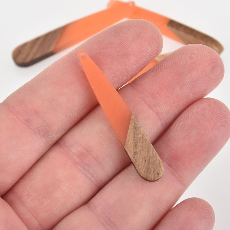 2 Stick Charms, Coral Resin and Real Wood, 2" long, chs6362