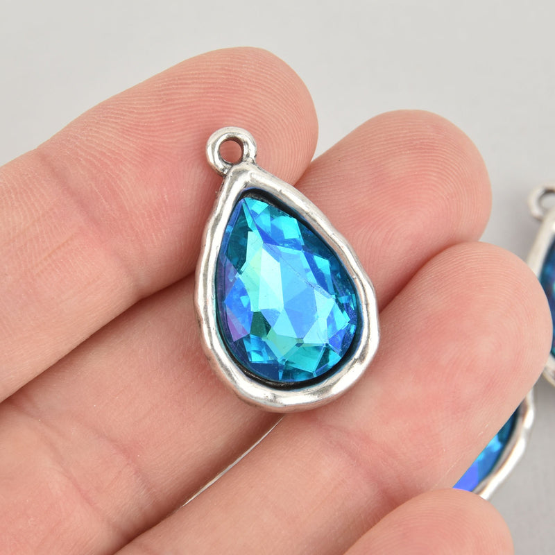 Blue Iridescent Rhinestone Drop Charm, Teardrop Crystal Glass in Silver Tone Bezel, 27x17mm, chs6365