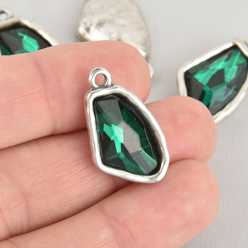 Emerald Green Rhinestone Drop Charm, Wing Crystal Glass in Silver Tone Bezel, 26x15mm, chs6367