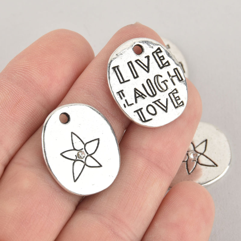 2 Silver LIVE LAUGH LOVE Charms with crystal, 23mm chs6371