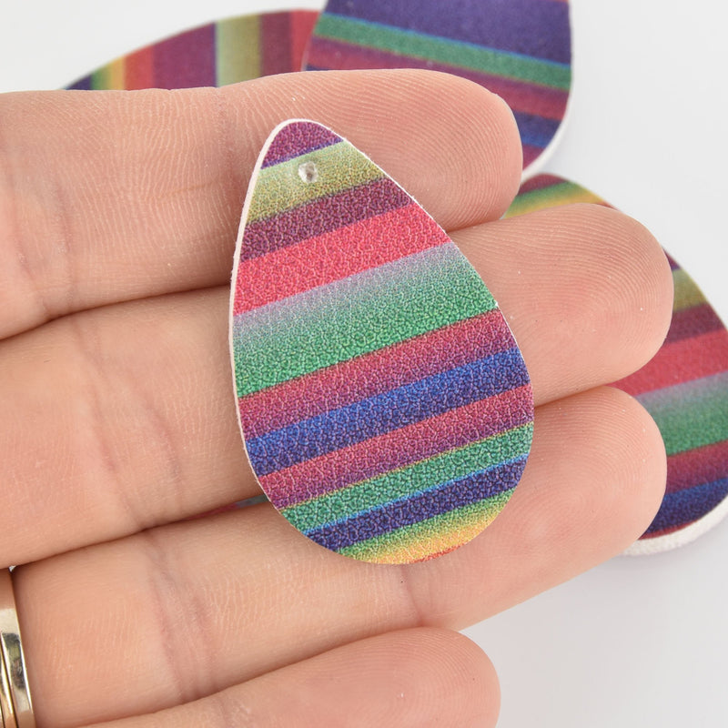 10 Rainbow Stripe Faux Leather Teardrop Charms Vegan Leather, 1.5" long chs6381