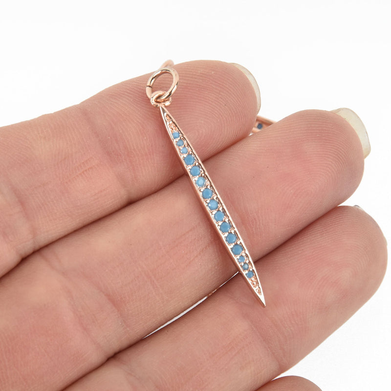 1 Rose Gold Spike Charm Pendant, Blue Micro Pave Cubic Zirconia Crystals, 1-3/8", chs6386