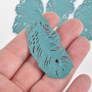 2 Metal Feather Charms Filigree Enamel, Teal Blue with Glitter, 2-3/8", chs6388