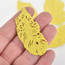 2 Metal Feather Charms Filigree Enamel, Yellow with Glitter, 2-3/8", chs6394