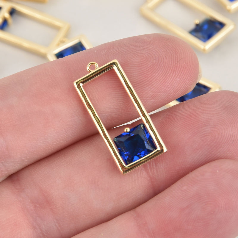 1 Blue Crystal Charm, gold rectangle, CZ cubic zirconia, chs6397