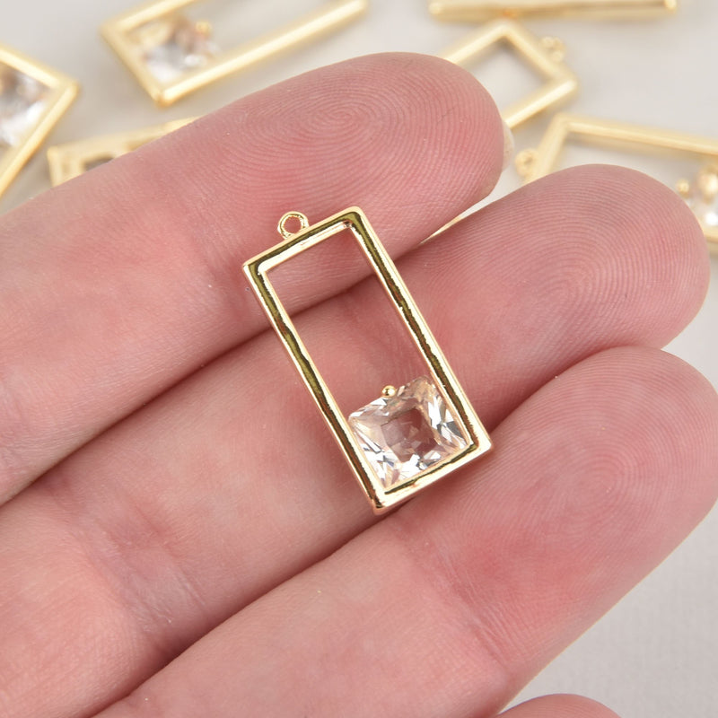 1 Clear Crystal Charm, gold rectangle, CZ cubic zirconia, chs6398