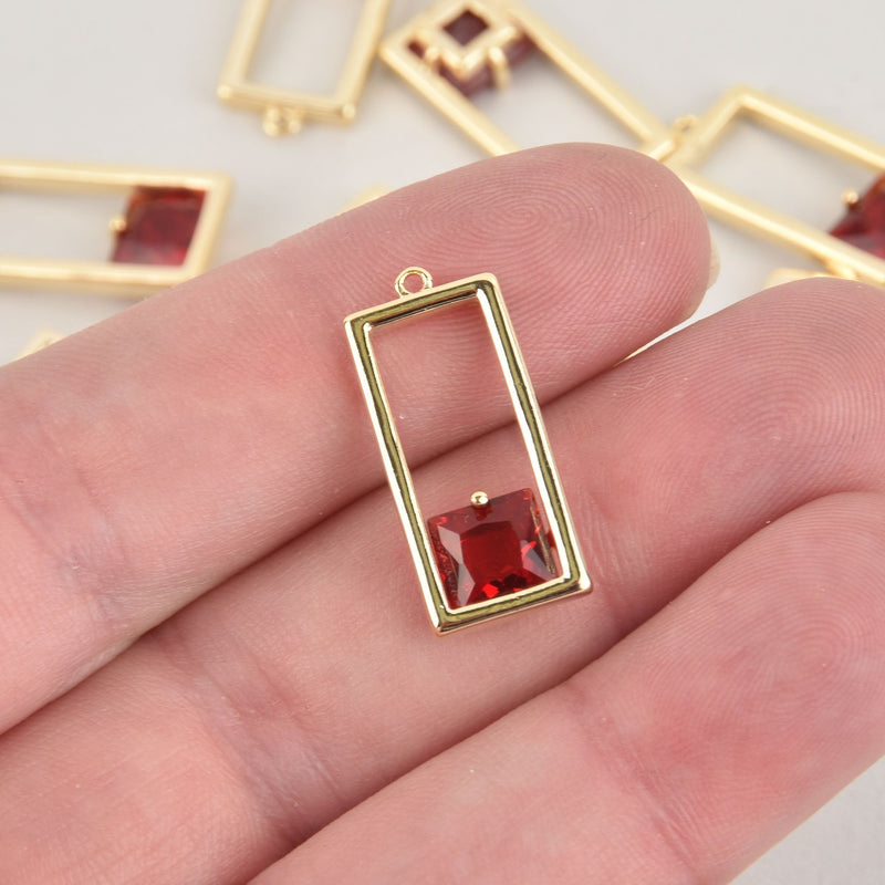 1 Red Crystal Charm, gold rectangle, CZ cubic zirconia, chs6399