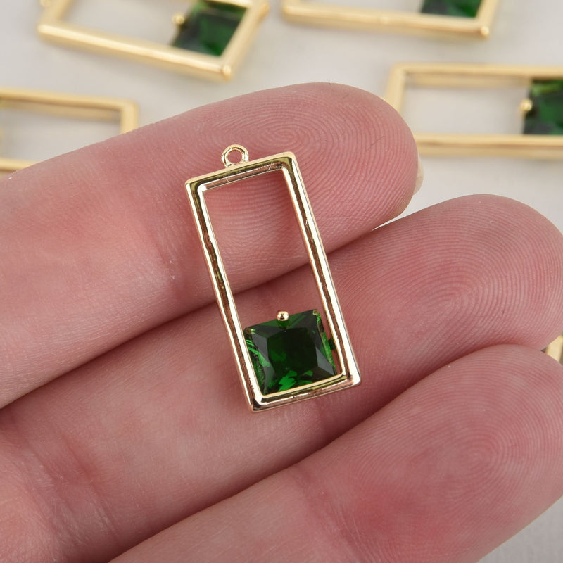 1 Green Crystal Charm, gold rectangle, CZ cubic zirconia, chs6400