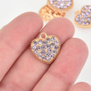 2 Light Purple Rhinestone Heart Charms, gold plated, 17mm, chs6405