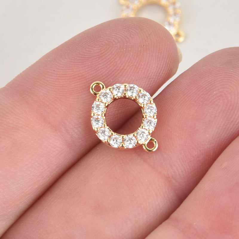 1 Gold Round Charm, Micro Pave Crystal Connector Link, 15x10mm, chs6407