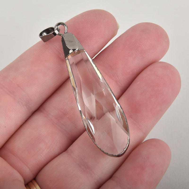 1 Crystal Teardrop Drop Pendant, Clear Glass, Faceted, Gunmetal Bail, 2" long, chs6414