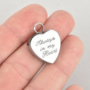 Cremation Ash Urn Charm Locket, Always in my Heart, Titanium Steel Heart 25mm x 20mm chs6417