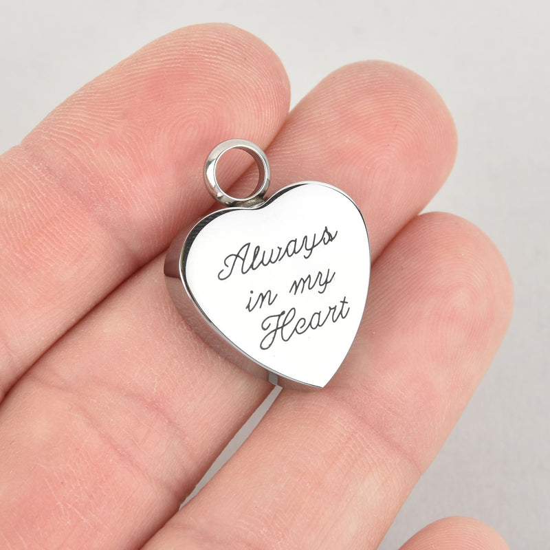 Cremation Ash Urn Charm Locket, Always in my Heart, Titanium Steel Heart 25mm x 20mm chs6417