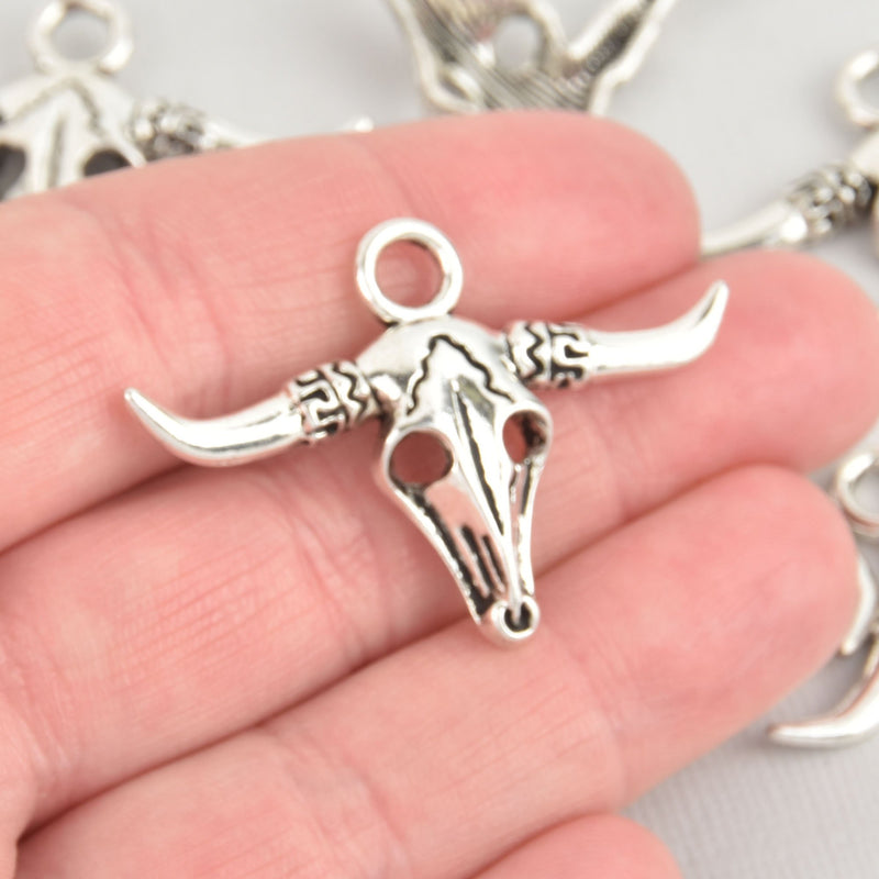 5 LONGHORN BULL Steer Charms, Silver Cow Head Charms, 1-3/4" long, chs6418