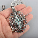 1 Large Silver Rhinestone Cross Pendant, Filigree with Magnetic Bail, Necklace Enhancer, 3", chs6421