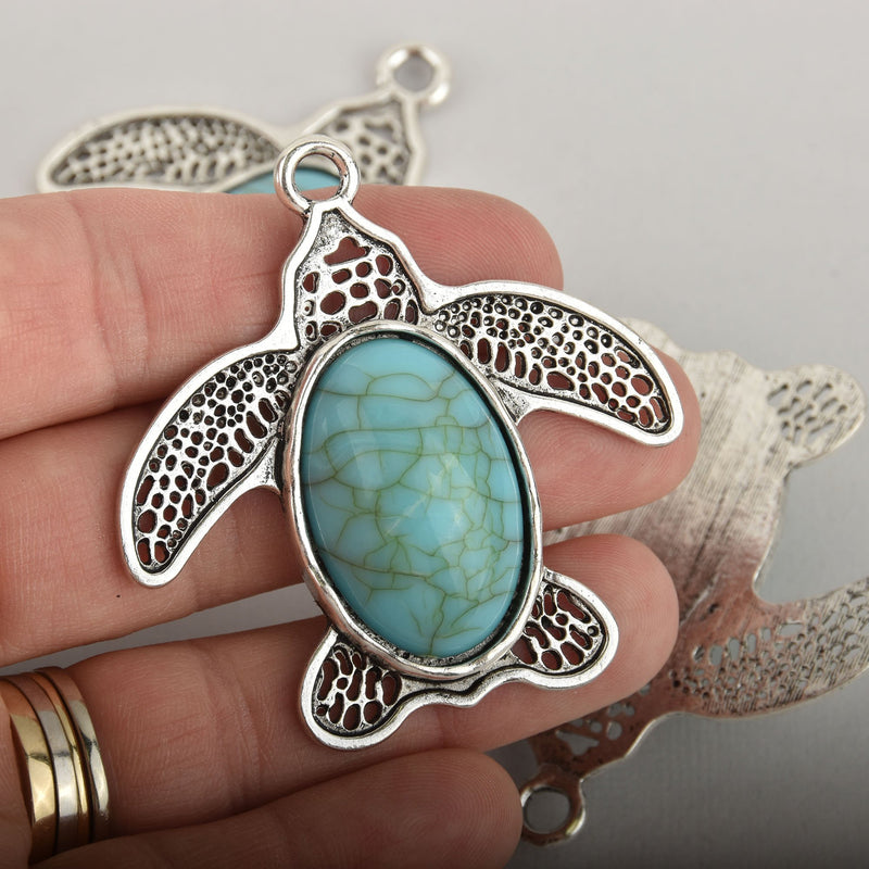 Large Turtle Pendant, Faux Turquoise Cabochon, Silver Metal, chs6422