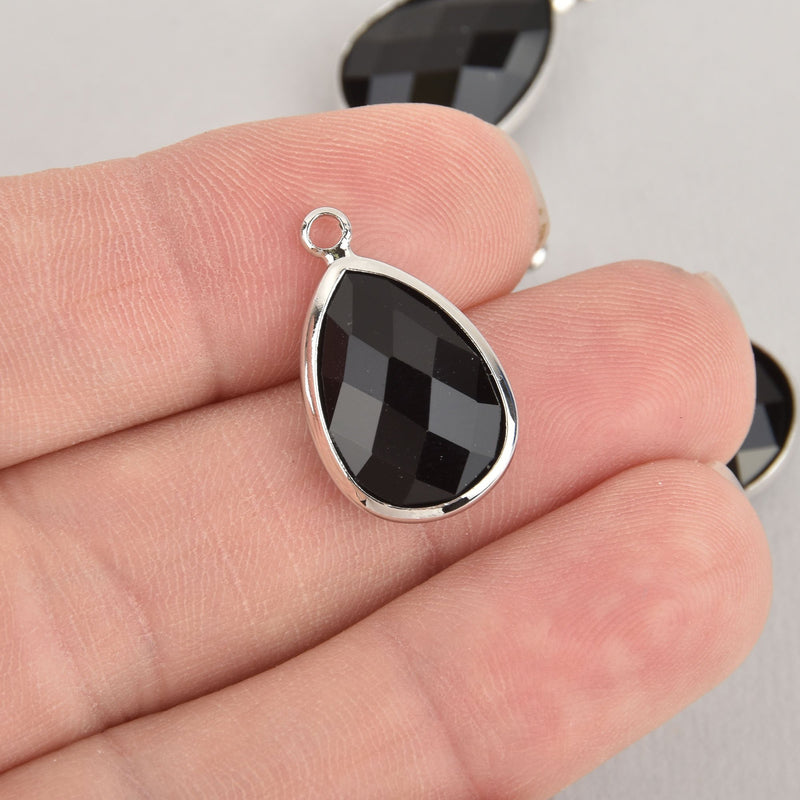 5 Black Rhinestone Teardrop Drop Charms, Crystal Glass in Silver Bezel, 22x14mm, chs6433