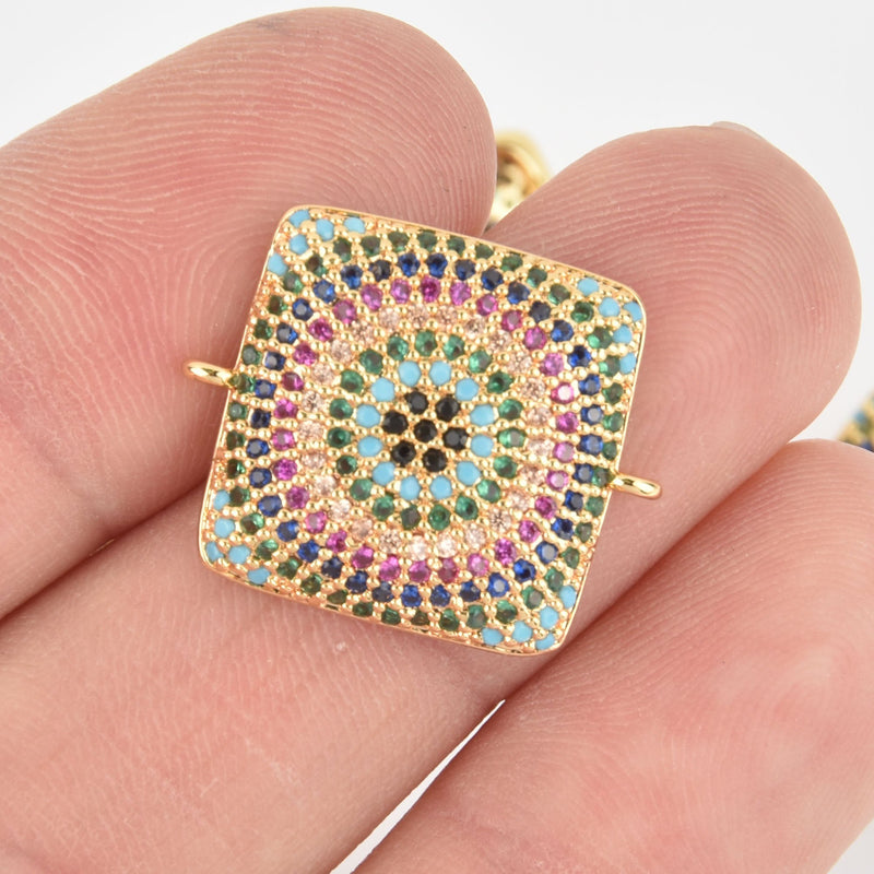 1 Gold Rainbow Mandala Charm, Square Micro Pave Connector Link, CZ crystals chs6437
