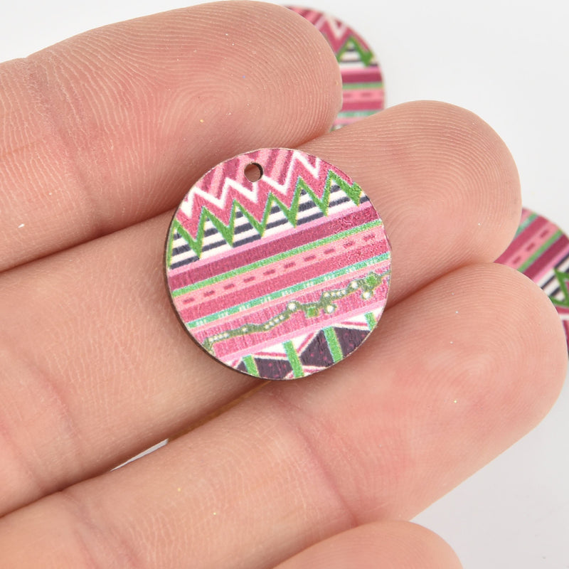 10 Wooden Charms, Pink Aztec design, 20mm, chs6441