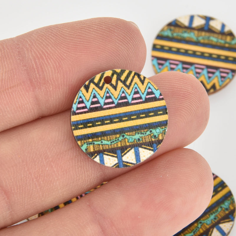 10 Wooden Charms, Yellow Blue Aztec design, 20mm, chs6443