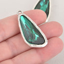 Green Rhinestone Drop Charm, Wing Crystal Glass in Silver Tone Bezel, 41x19mm, chs6446