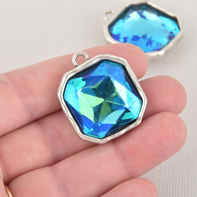 Blue Iridescent Rhinestone Drop Charm, Square Crystal Glass in Silver Bezel, 32x27mm, chs6447