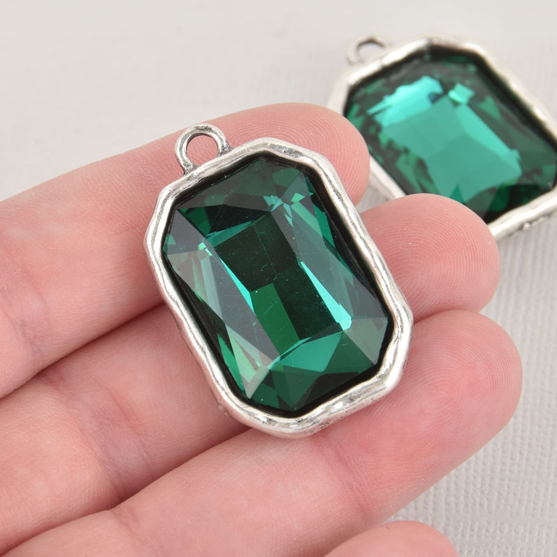 Green Rhinestone Drop Charm, Rectangle Octagon Crystal Glass in Silver Bezel, 37x23mm, chs6449
