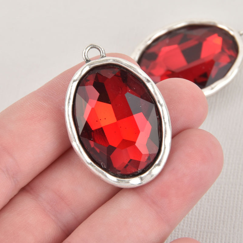 Red Rhinestone Drop Charm, Oval Crystal Glass in Silver Tone Bezel, 39x26mm, chs6450