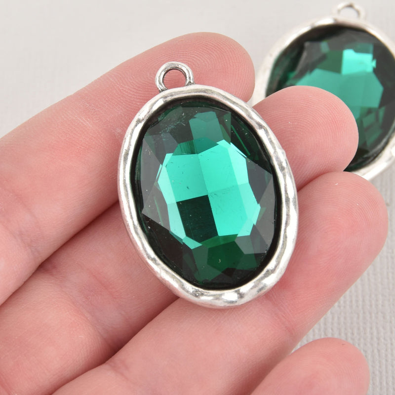 Green Rhinestone Drop Charm, Oval Crystal Glass in Silver Tone Bezel, 39x26mm, chs6451