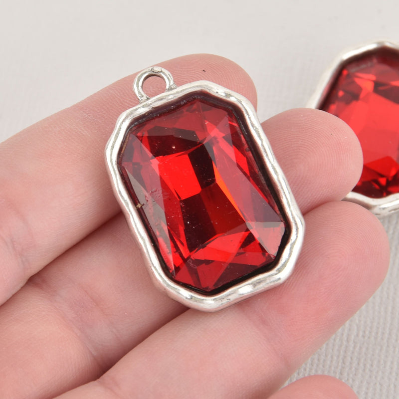 Red Rhinestone Drop Charm, Rectangle Octagon Crystal Glass in Silver Bezel, 37x23mm, chs6452