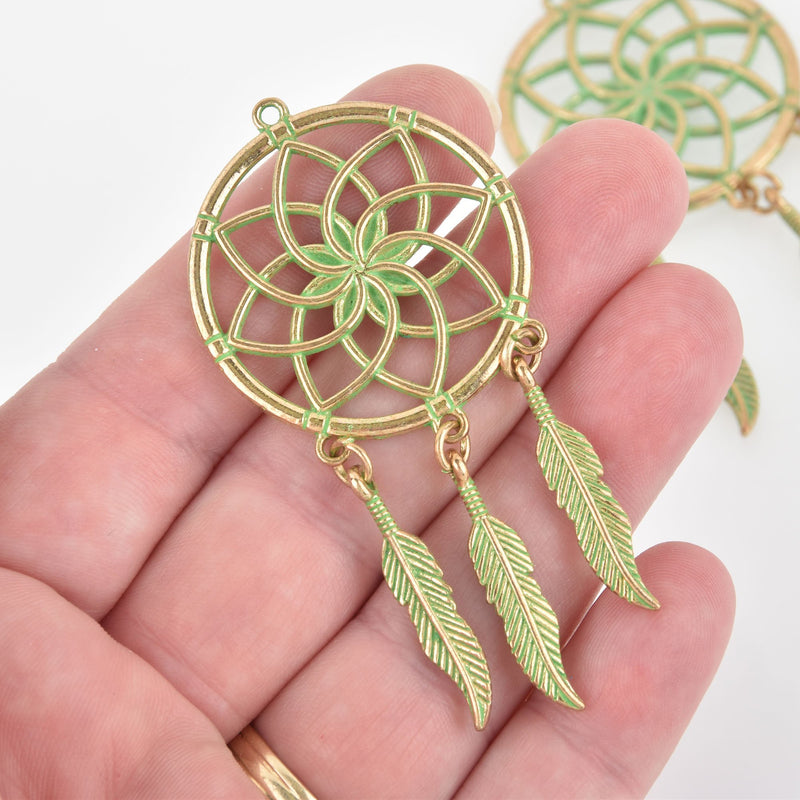 5 Feather Dream Catcher Charm Pendants, Gold with Green Verdigris Patina, 3" long, chs6453